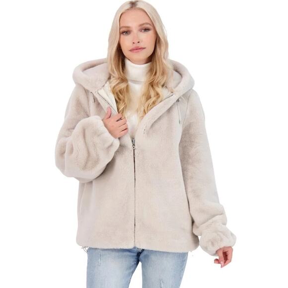 NWT Medium Rebecca Minkoff Aria Faux Fur Hooded Zip Front Jacket Coat Cozy Gray - Picture 1 of 12